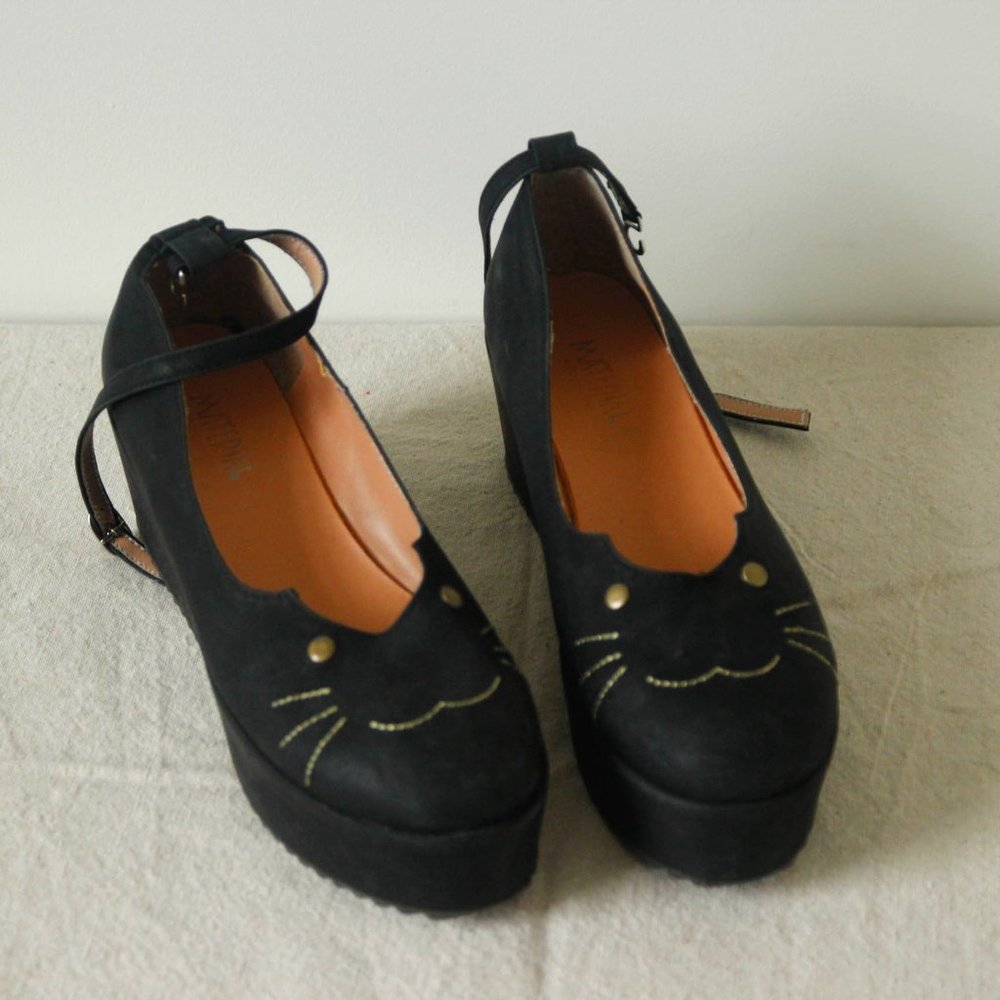 Black Catface Platform Flats with Ankle Strap